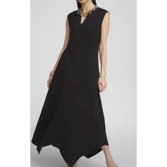 chicos asymmetrical Bias Hem Midi Dress size 2 NWT Black Sleeveless Pockets - Picture 2 of 13